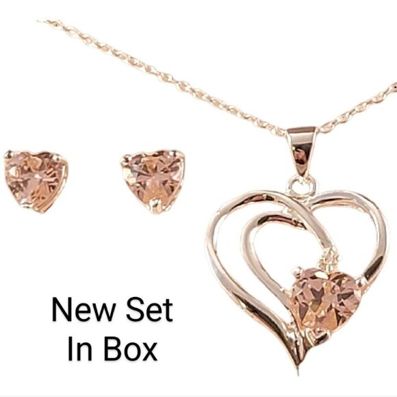 Sterling Openwork Pink Heart CZ  Necklace & Stud Earrings Set - Ne… - Picture 1 of 7